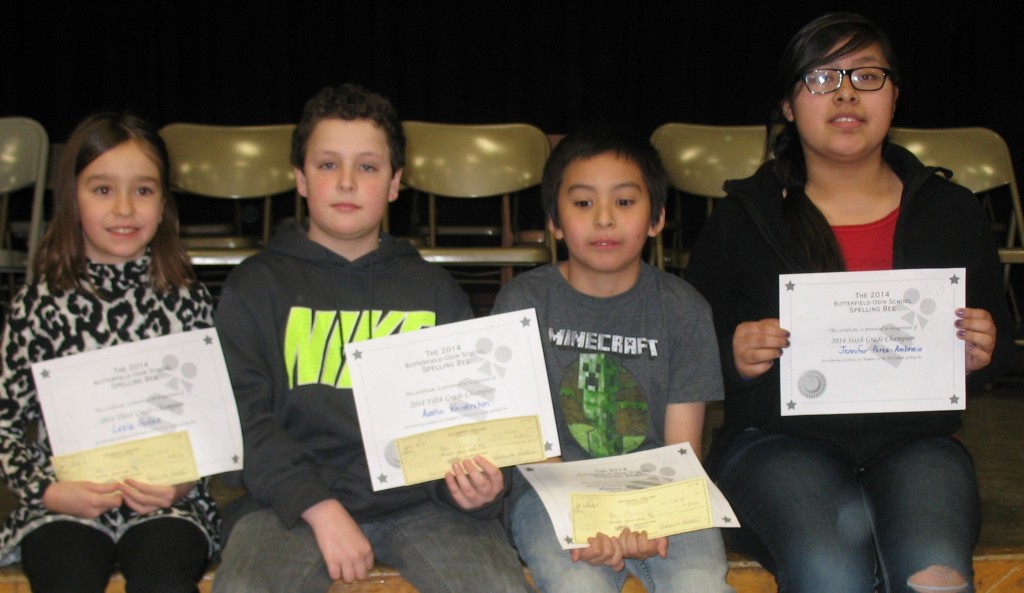 BUTTERFIELD-ODIN PUBLIC Elementary School winners in grades 3-6. From left, Lexia Sykes (third-grade), Austin Knickrehm (fifth-grade), Marvin Sengsouvanh (fourth-grade) and Jennifer Perez (sixth-grade.