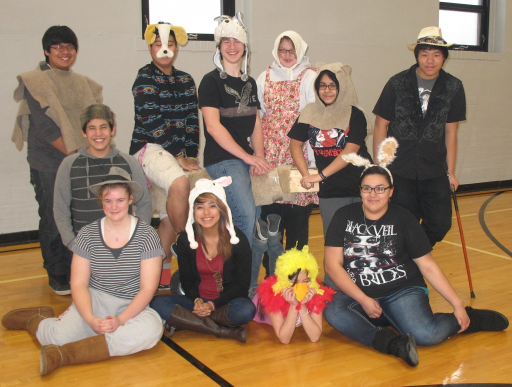 THE CAST OF Butterfield-Odin Public High School's one-act play, "Aesop's (Oh So Slightly) Updated Fables," pause for a photo op. Front, from left, Jose Garcia, Julie Saunders, Rose Martinez, Kaliana Xayaphonesongkham and Mia Rodriguez. Back, from left, Eddie Perez, Lamar Sengsouvanh, Ross Blomgren, Katrina "Kat" Bischoff, Arely Anaya and Wong Lee. Missing is Stephanie Trejo. Nathan Fast is the play's director.