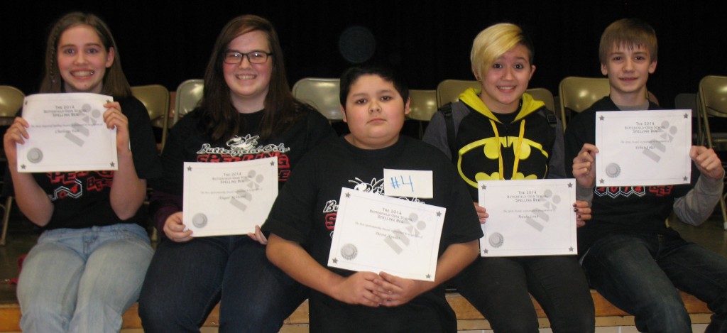 SPECIAL RECOGNITION WAS given to these Spelling Bee participants. From left, Charlotte Fast ("Most Improved Award"), Abigail McDaniel and Devon Aguilar ("Sportsmanship Awards") and Micala Lowe and Ethan Sykes ("Spirit Awards").