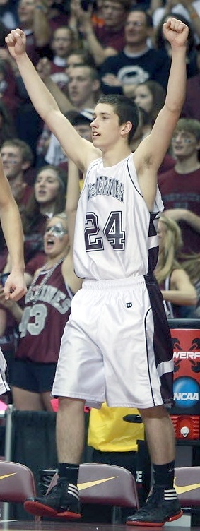 ANDREW HEMPECK CELEBRATES a Wolverine win during the 2012 boys state tourney.