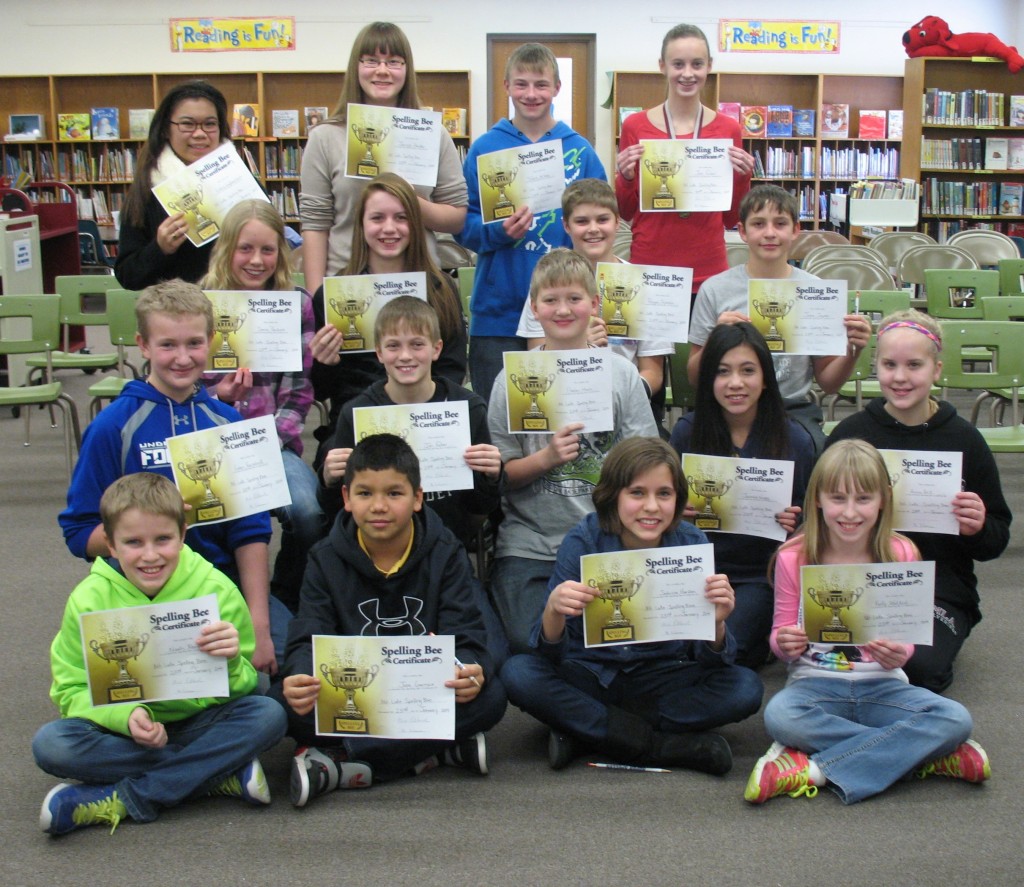 THE SPELLING BEE contestants drawn from grades five-through-eight. Front row, from left, fifth-graders Noah Rempel, Jose Garnica, Sabrina Hanson and Kelly Watkins. Second row, the sixth-grade spellers, from left, Adam Karschnik, Jon Faber, Paxton Morin, Jasmine Vongsy and Anna Kirk. The seventh-grade spellers are in the third row. From left, Sierra Pankratz, Maurissa Isaacs, Regan Syverson and Jesse Jepsen. In the back row are the eighth-graders. From left, Kristina Vongkaenchanh, Jareya Harder, Travis Willaby and Jae Faber.