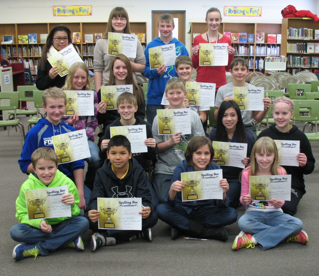 THE SPELLING BEE contestants drawn from grades five-through-eight. Front row, from left, fifth-graders Noah Rempel, Jose Garnica, Sabrina Hanson and Kelly Watkins. Second row, the sixth-grade spellers, from left, Adam Karschnik, Jon Faber, Paxton Morin, Jasmine Vongsy and Anna Kirk. The seventh-grade spellers are in the third row. From left, Sierra Pankratz, Maurissa Isaacs, Regan Syverson and Jesse Jepsen. In the back row are the eighth-graders. From left, Kristina Vongkaenchanh, Jareya Harder, Travis Willaby and Jae Faber.
