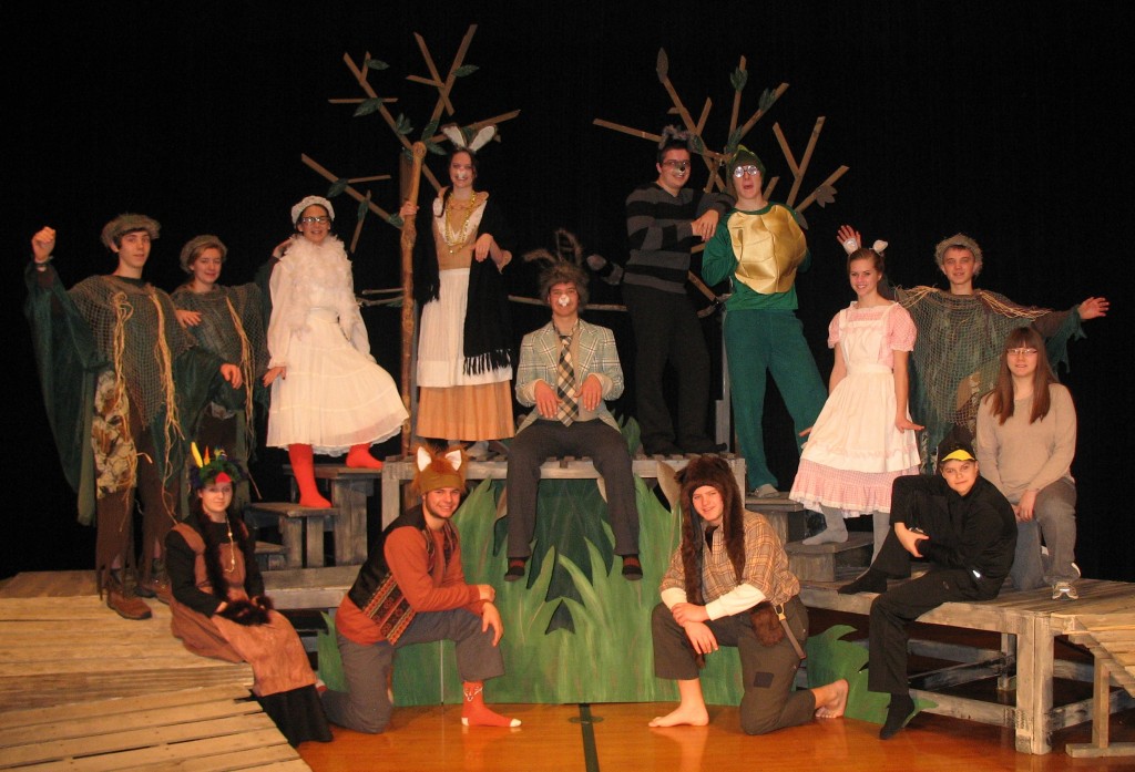 THE CAST OF "Livin de' Life!" Front, from left, Sis Buzzard (Kalley Rempel), Brer Fox (Josh Grev), Brer Bear (Sam Grev), Doc Crow (Regan Syverson) and Light Crew (Jareya Harder). Back, from left, Trees (Julian Jung and Rebekah Klassen), Miss Goose (Olivia Hopwood), Aunt Mammy-Bammy (Lydia Hildebrandt), Brer Rabbit (Ben Grev), Brer Coon (Caleb Rempel), Brer Tarrypin (Zach Fredericksen), Miss Meadow Mouse (Carmen Syverson) and Tree (Austin Wallert). Julie Brugman is the director, with Crystal Fast, assistant director.