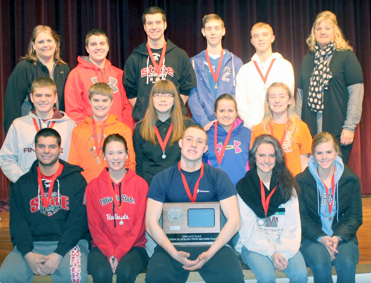 SUB-SECTION 9A One-Act Play Festival runners-up - Mountain Lake Public High School with "Livin' de Life." Front, from left, Joshua Grev, Olivia Hopwood, Zach Fredericksen, Lydia Hildebrandt and Carmen Syverson. Middle, from left, Sam Grev, Regan Syverson, Jareya Harder, Kallely Rempel and Rebekah Klassen. Back, from left, Director Julie Brugman, Caleb Rempel, Ben Grev, Julian Jung, Austin Wallert and Assistant Director Crystal Fast.