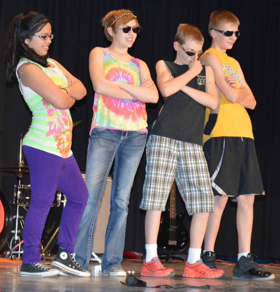 THIS QUARTET OF seventh-grade students did a dance and lip-sync to the song, "I'm Sexy and I Know It." From left, Noemi Castaneda, Kylie Fisch, Peyton Hanson and Ethan Sykes.