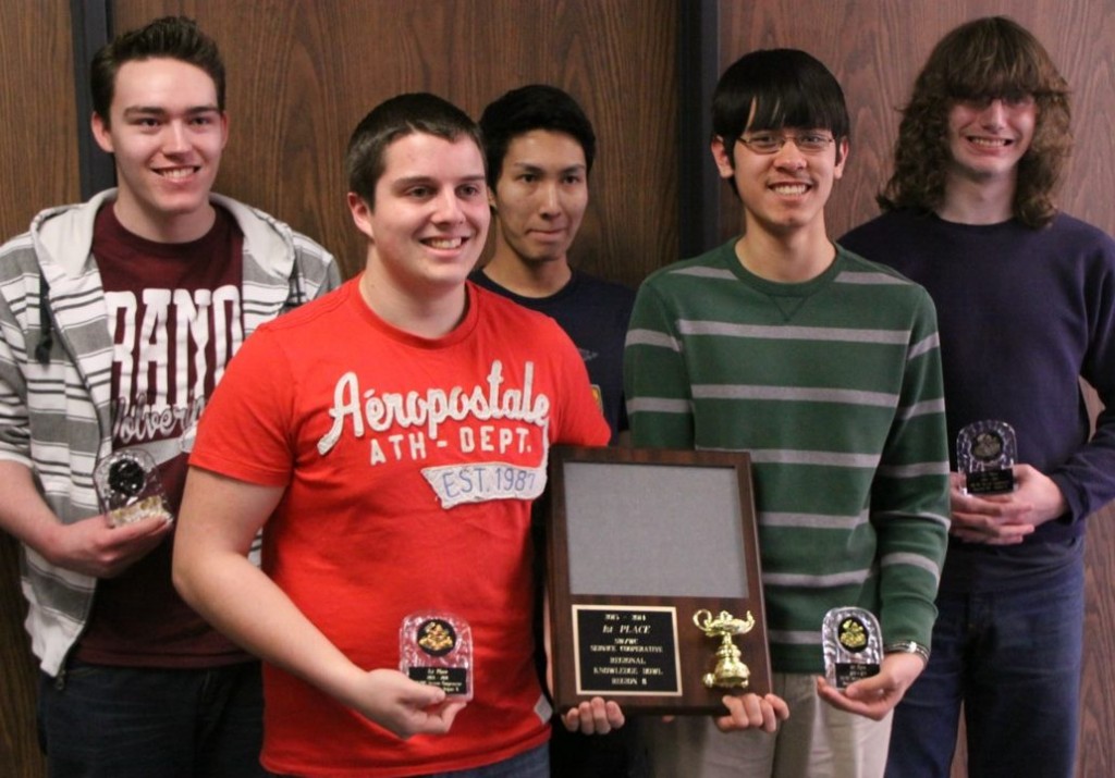 REGION 8 Bowl SENIOR High Knowledge champions, advancing to the State Contest in April - Team #1 from Mountain Lake Public High School. From left, Christian Pfeiffer, Caleb Rempel, Hamlet Tanyavong, Daniel Harder and Reece Englund. 