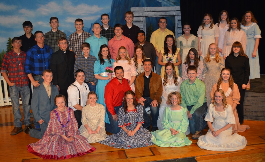 CAST AND CREW for the 2014 Mountain Lake Public High School's spring musical, "Seven Brides For Seven Brothers." CAST AND CREW for the 2014 Mountain Lake Public High School's spring musical, "Seven Brides for Seven Brothers." Front, from left, Mrs. Hoallum (Liana Blomgren), Mrs. Sanders (Rebekah Klassen), Dorcas (Lydia Hildebrandt), Alice (Jenny Wright) and Townswoman (Carly Paulson). Second row, from left, Mr. Hoallum (Austin Wallert), Mr. Sanders (Caleb Rempel), Benjamin (Josh Grev), Adam (Ben Grev), Milly (Carmen Syverson), Gideon (Sam Grev), and Townswoman (Meredith Suess). Third row, from left, Nathan (Alex Gerdes), Jeb (Carter Kirk), Preacher (Eric Wenner), Zeke (Regan Syverson), Ruth (Rachel Dukes), Lisa (Signey Stoesz), Martha (Jordan Syverson), Townswomen (Laura Dalton and Ashley Watkins) and Follow Spotlight (Jareya Harder). Third row, from left, Caleb (Zach Fredericksen), Daniel (Ethan Karschnik), Ephraim (Ruben Fentanez) and Sarah (Olivia Hopwood). Back, from left, Light and Sound Technician (Daniel Harder), Townsman (Julian Jung), Matt (Andrew Fast), Joel (Aaron Fast), Luke (Josh Fast), Frank (Derek Harder) and Townswomen (Brooke Fast, Jaden Hoek, Lexia Peters, Kalley Rempel and Kenna Gardiner).