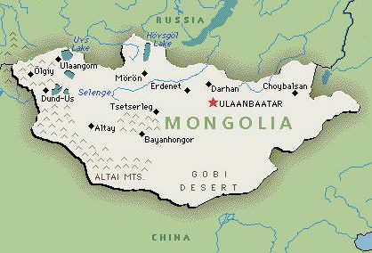 MAP OF MONGOLIA - with the country's capital and new hometown for CD Johnson - Ulaanbaatar, noted with the red star.