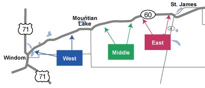MAP OF THE three construction gaps for Minnesota Highway #60 - including misspelling of Mountain Lake - courtesy of the Minnesota Department of Transportation.