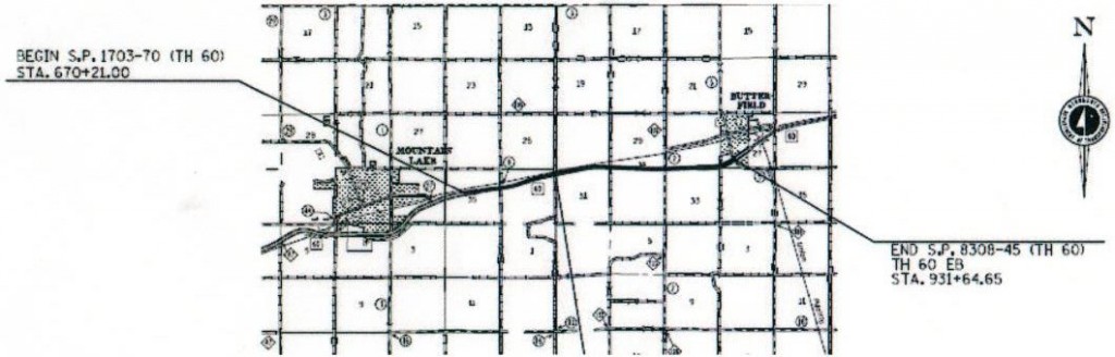 A MINNESOTA DEPARTMENT of Transportation map of the Minnesota State Highway #60 four-lane project for the "Middle Gap" between Mountain Lake and Butterfield.