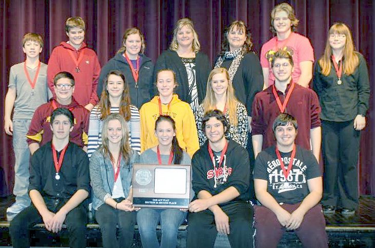 SECTION 3A ONE-Act Play Festival runners-up - the cast, crew and directors of Mountain Lake Public High School's entry, "Blues. Front, from left, seniors Eric-John Niss de Jesus, Lydia Hildebrandt, Olivia Hopwood, Ben Grev and Caleb Rempel. Middle, from left, Isaac Grev, Brook Sunderman, Liana Blomgren, Carmen Syverson and Ethan Karschnik. Back, from left, Eli Karschnik, Regan Syverson, Kenna Gardiner, Director Crystal Fast, Director Julie Brugman, Sam Grev and Jareya Harder. (Carolyn Rempel photo) SECTION 3A ONE-Act Play Festival runners-up - the cast, crew and directors of Mountain Lake Public High School's entry, "Blues. Front, from left, seniors Eric-John Niss de Jesus, Lydia Hildebrandt, Olivia Hopwood, Ben Grev and Caleb Rempel. Middle, from left, Isaac Grev, Brook Sunderman, Liana Blomgren, Carmen Syverson and Ethan Karschnik. Back, from left, Eli Karschnik, Regan Syverson, Kenna Gardiner, Director Crystal Fast, Director Julie Brugman, Sam Grev and Jareya Harder.
