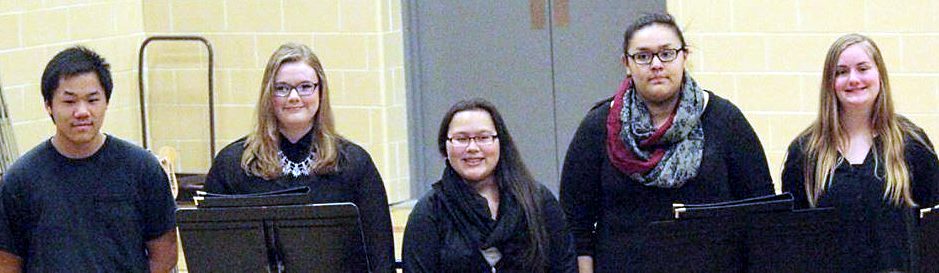 THE PERCUSSION LINE-UP keeping the beat for the B-OHS Senior High Band. From left, Wong Lee, Julie Saunders, Michelle Perez, Mia Rodriguez and Brianna Ringen.