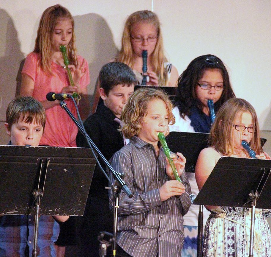 MLES FOURTH-GRADERS presented their rendition of "Ode To Joy" by Beethoven - on their recorders. Front, from left, Theo Evers, Keegan Classen and Hailey Marx. Middle, Devyn Rempel, left and Emma Estrada, right. Back, Michala Morin, left and Brooke Naas, right. (Jill Saunders photo) 