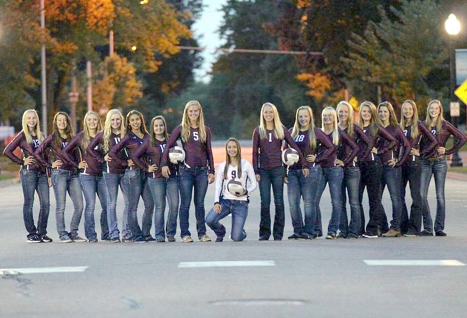 THE LADY WOLVES "squad." From left, Varsity Volleyball team members Margo Stoesz, Brook Sunderman, Meredith Suess, Jaden Hoek, Kassandra Tellez, Kalley Rempel, Carmen Syverson, Emily Jahnke, Signey Stoesz, Michaela Cate, Chanah Brandt, Carly Paulson, Annie Hanson, Samantha Stahl, Marta Stoesz and Lexia Peters. Head Coach is Cheri Hanson. (Photo courtesy of Creative Reflections Photography-Alisa Nickel) 