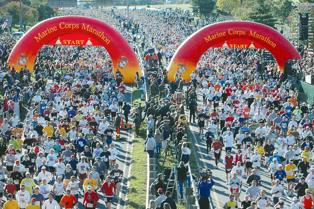 THE 30,000 PARTICIPANTS in this year's Marine Corps Marathon take their first steps of their journey.