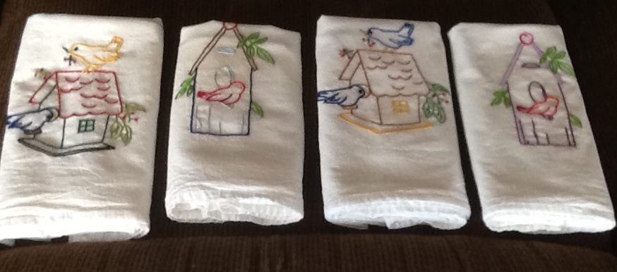 HAND-EMBROIDERED FLOUR sack dish towels. To be auctioned in groups of two.