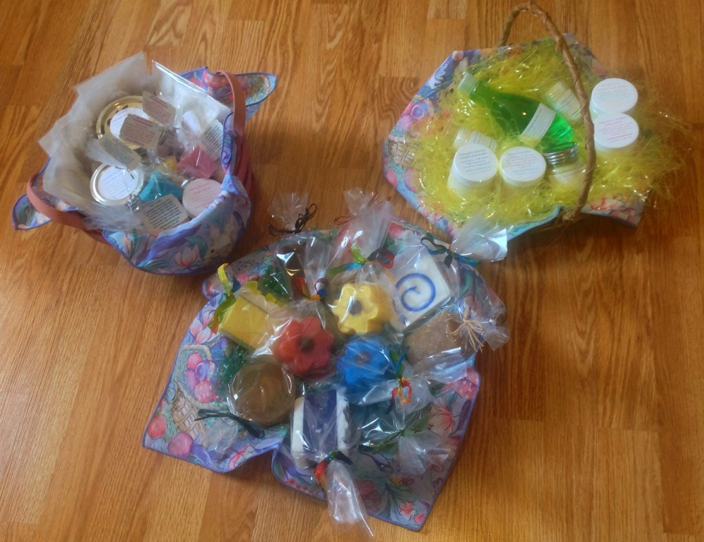 THREE GIFT BASKETS with handmade bath and body products - soaps, teas, soaks, salts and scrubs; lotions, butters, bubbles and balms.